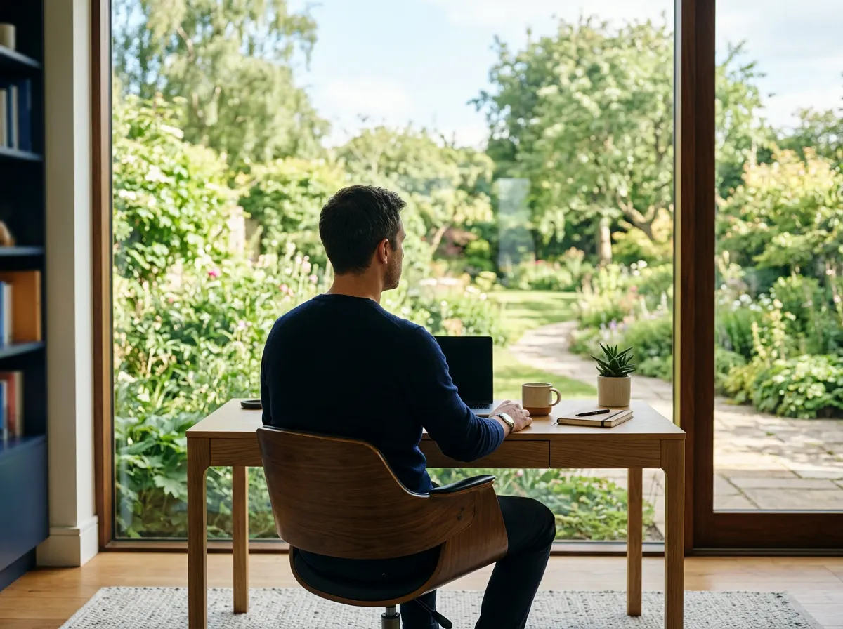 Editorial author at desk looking out garden window