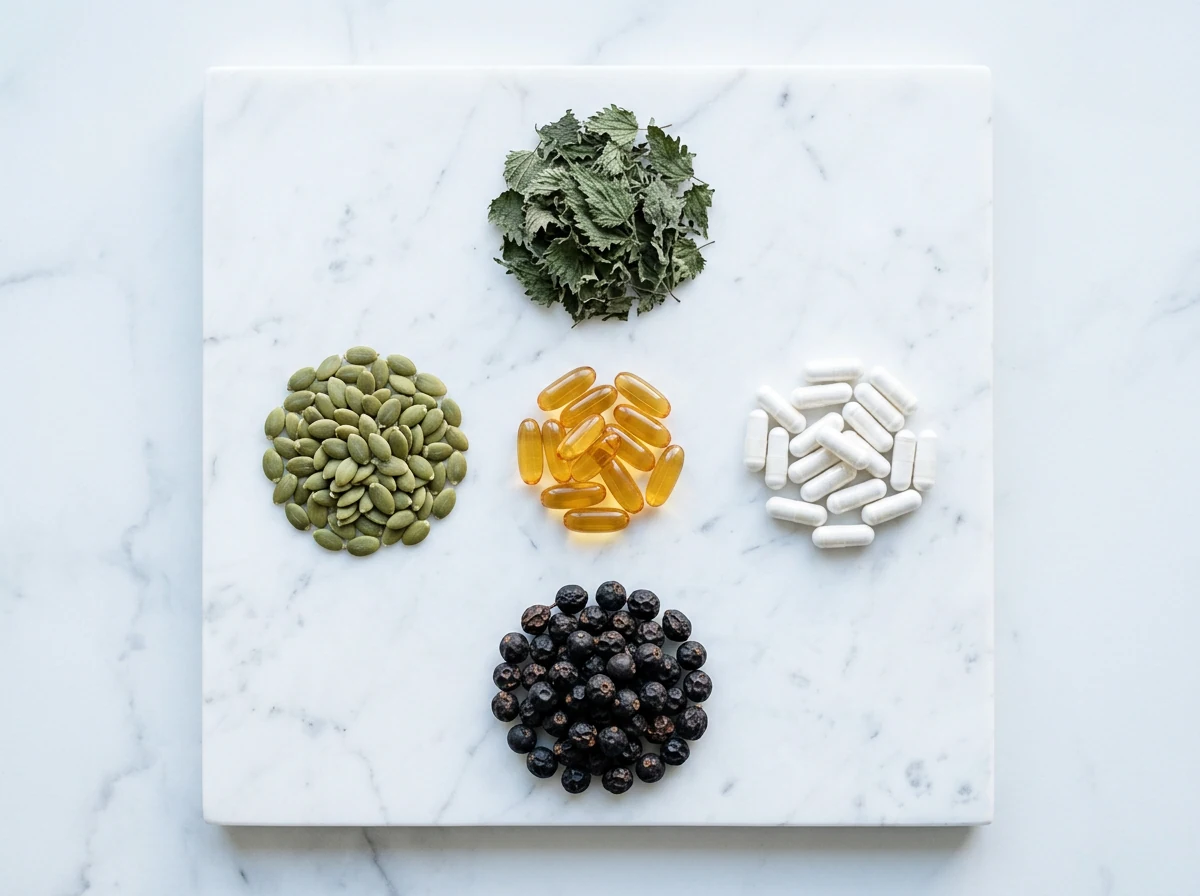Natural wellness ingredients: saw palmetto berries, nettle leaves, pumpkin seeds, zinc capsules