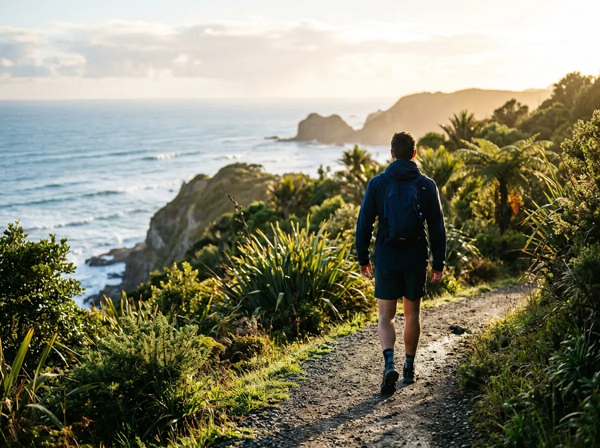 Anonymous man walking outdoors in New Zealand park at sunrise