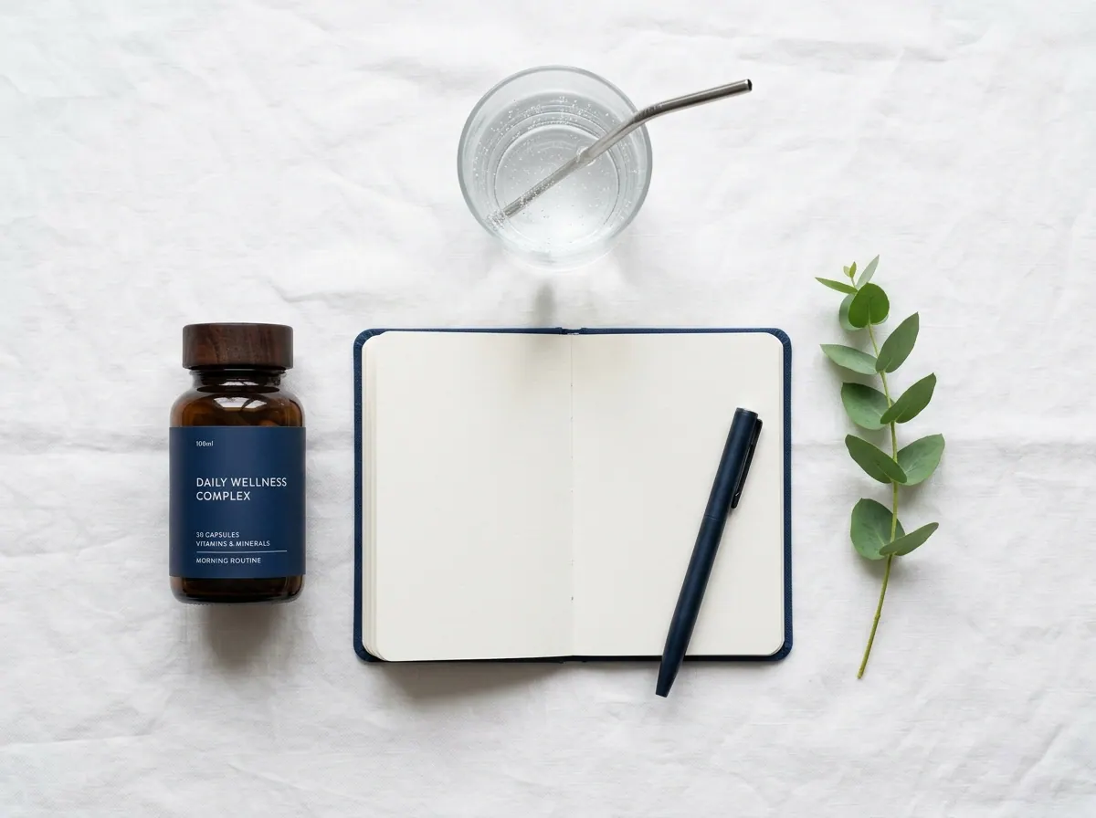 Morning wellness routine flat lay with Hardero supplement bottle and glass of water